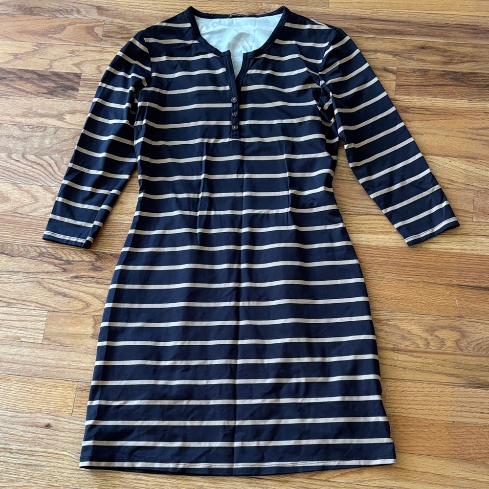 J. McLaughlin Navy and Tan Striped Shift Dress